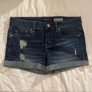Dark Wash Distressed Midi Denim Shorts